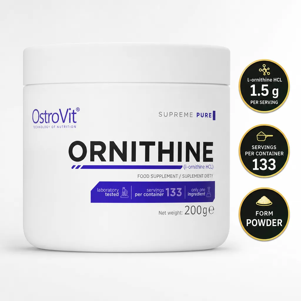 OstroVit Ornithine 200g L-ornithine HCL powder supplement in a white container, with 1.5g per serving and 133 servings