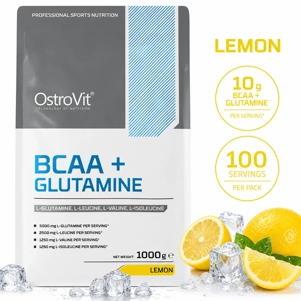 OstroVit BCAA + Glutamine lemon-flavoured amino acid powder, 1000g pouch with 100 servings