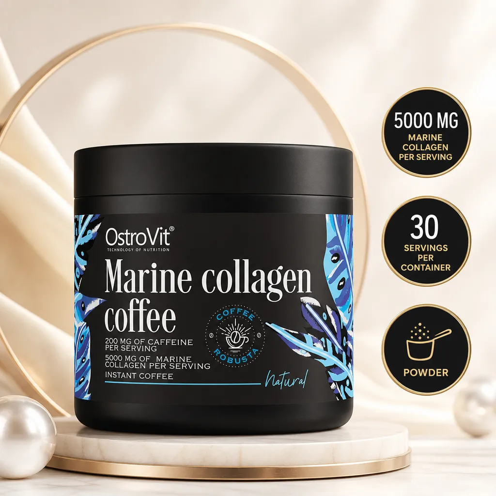 OstroVit Marine Collagen Coffee instant coffee powder with 5,000 mg marine collagen per serving, 200 mg caffeine and natural unflavoured Robusta coffee