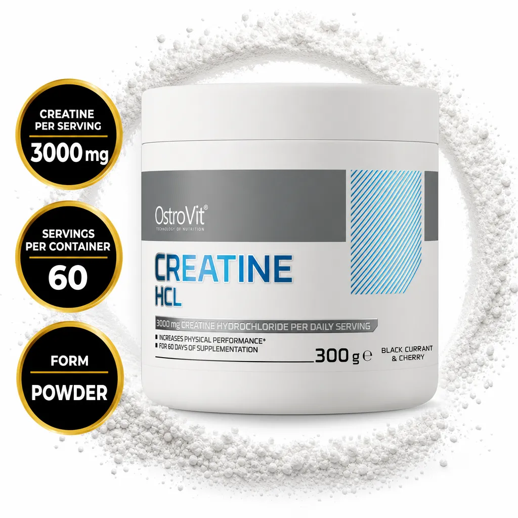 OstroVit Creatine HCL 300g powder supplement in black currant and cherry flavour, with 60 servings and 3000 mg creatine per serving