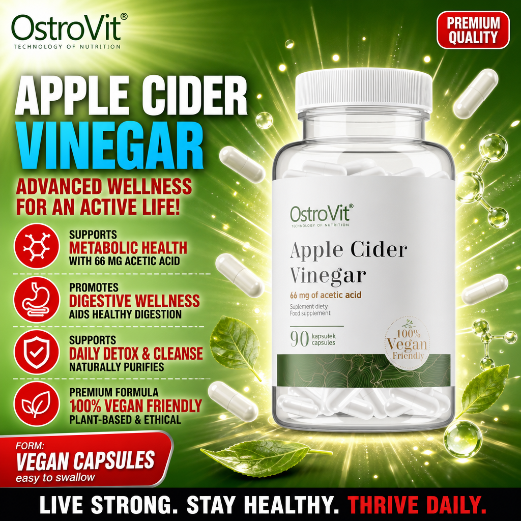 OstroVit Apple Cider Vinegar 90 vegan capsules dietary supplement, supports metabolic health, digestive wellness, and daily detox, 100% vegan friendly, white bottle with green accents.