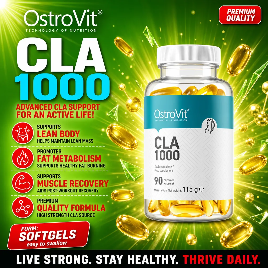 OstroVit CLA 1000 90 capsules softgel supplement for fat metabolism, lean body support, and muscle recovery, in a clear bottle with yellow softgels and a green background.