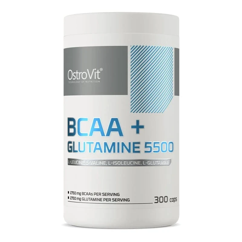 OstroVit Nutrition BCAA + Glutamine 5500 300 Caps dietary supplement, featuring a 2:1:1 BCAA ratio and high L-glutamine content for muscle recovery.