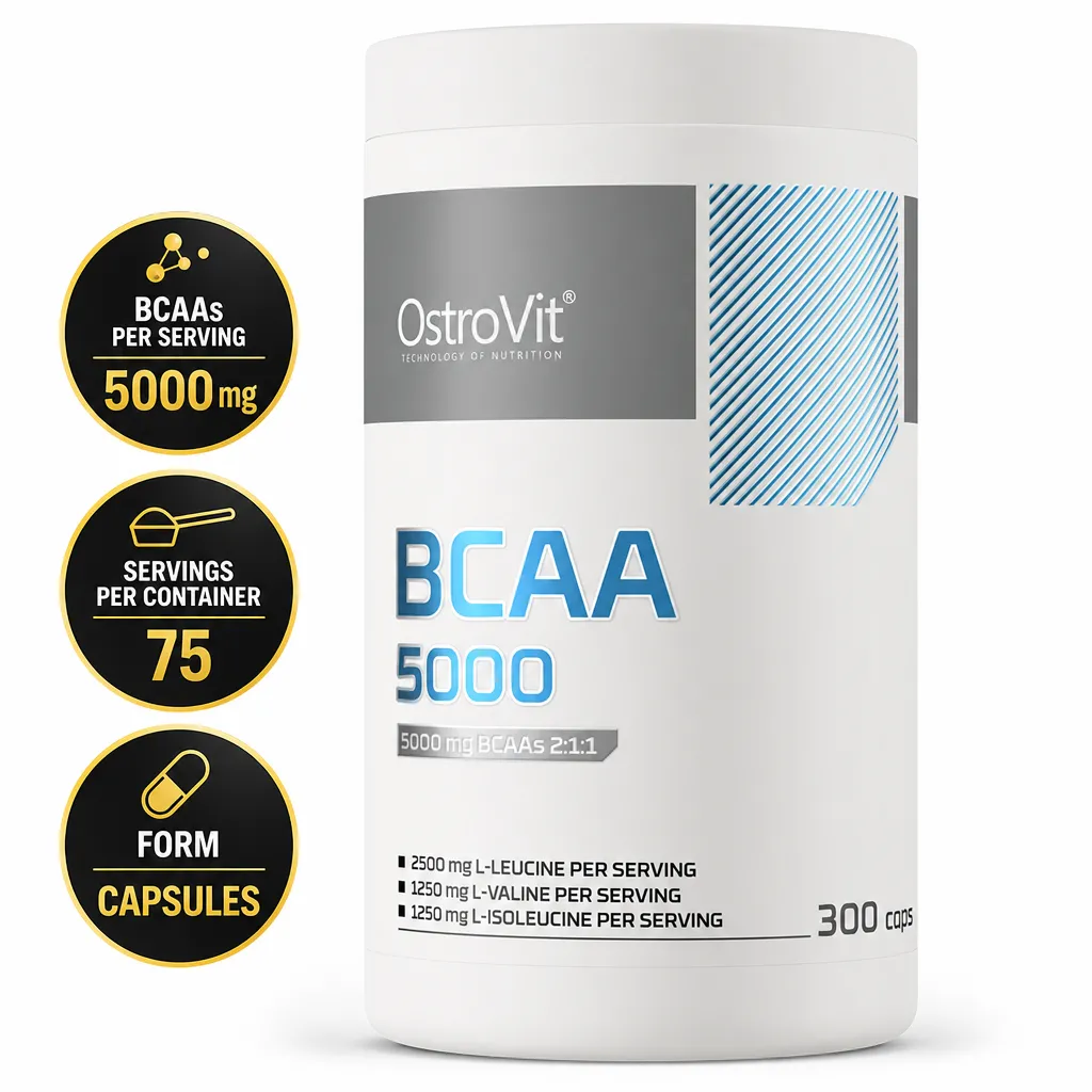 OstroVit BCAA 5000 300 Caps branched-chain amino acid supplement in capsule form, with 5000 mg BCAAs per serving