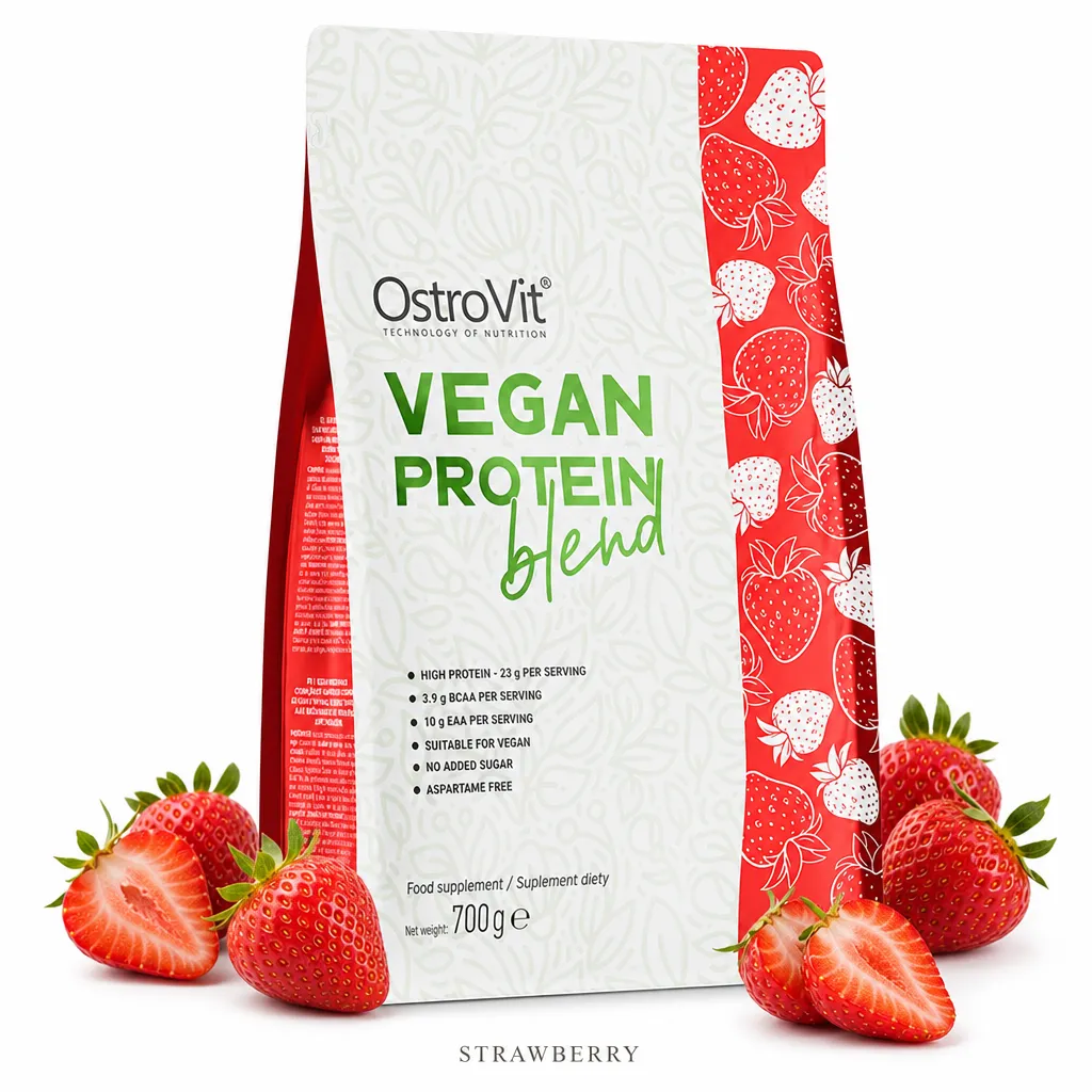 OstroVit Vegan Protein Blend 700g strawberry flavour plant-based protein powder, featuring a blend of pea, soy, and pumpkin proteins, suitable for vegans.