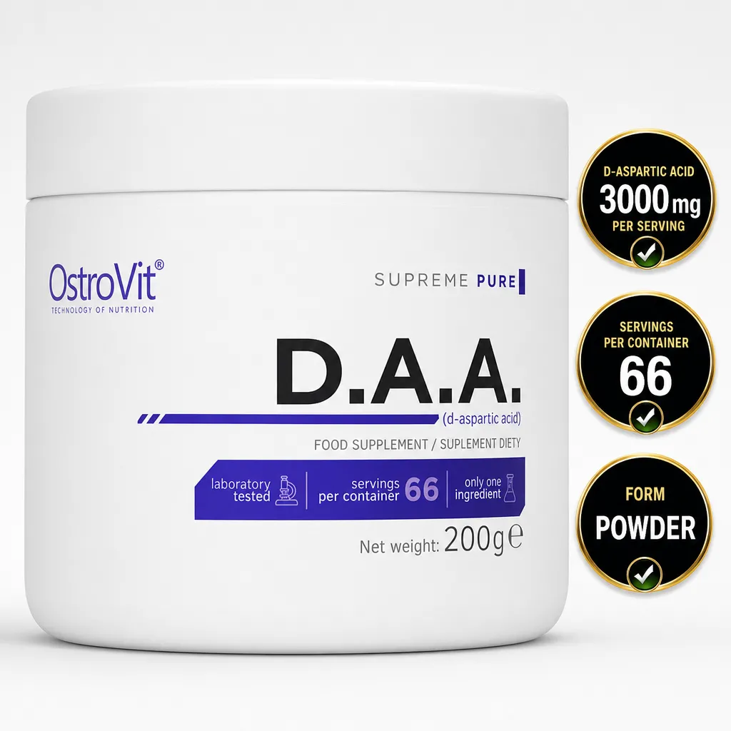 OstroVit D.A.A. 200g unflavoured D-aspartic acid dietary supplement powder in a white container