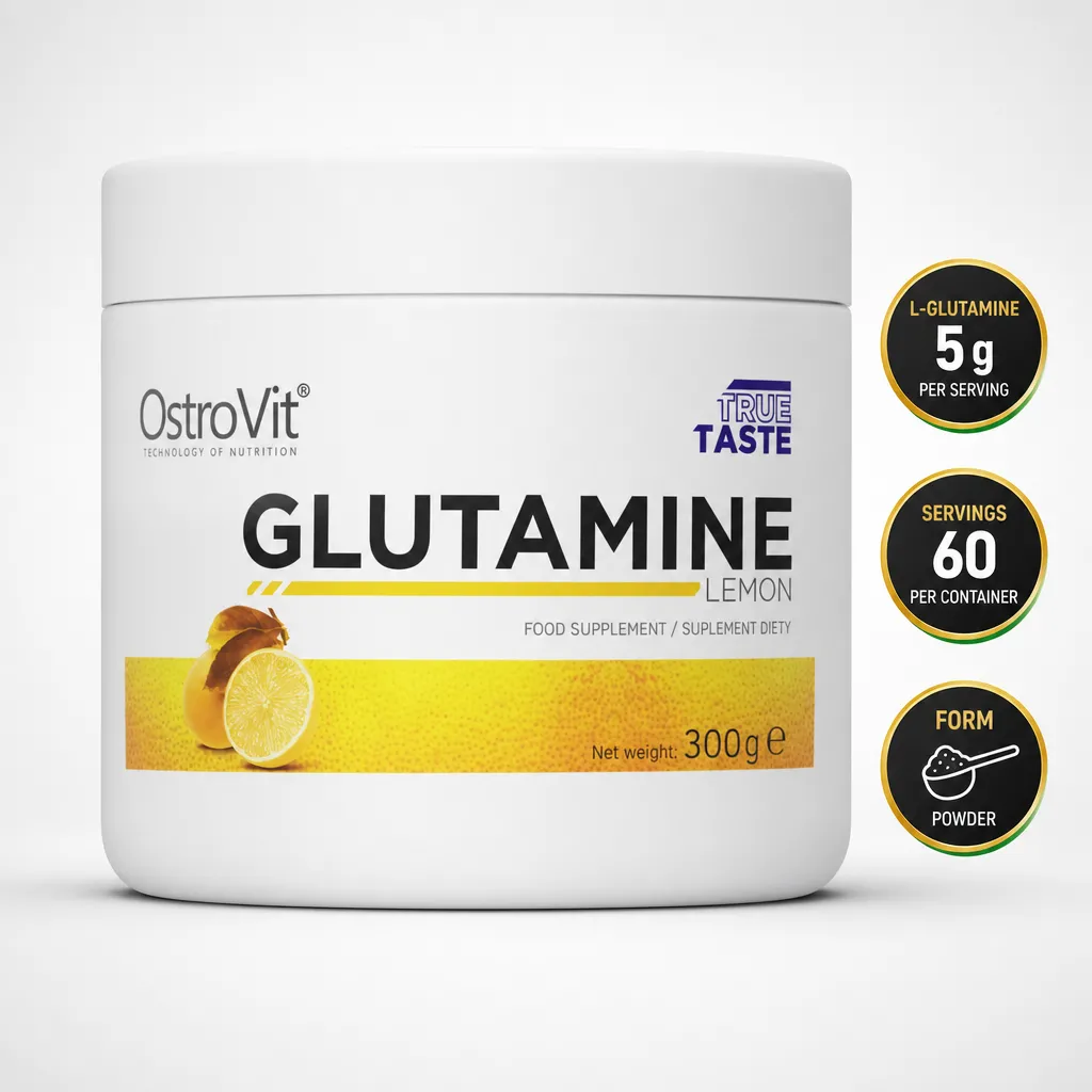 OstroVit Glutamine 300g lemon-flavoured L-glutamine powder supplement in a white tub with 60 servings