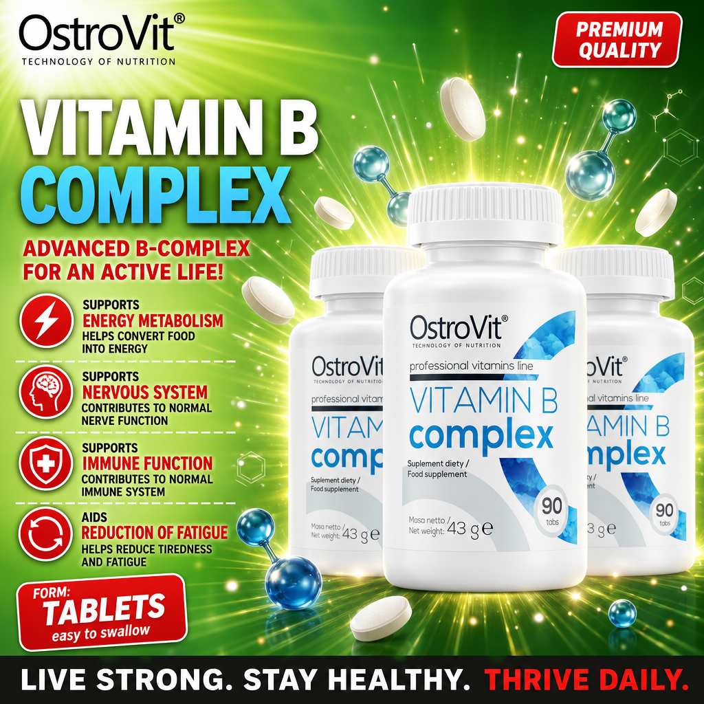 OstroVit Vitamin B Complex 90 tabs dietary supplement, B-vitamin blend in tablet form, professional vitamins line, white bottles with blue accents, 3-pack shown.