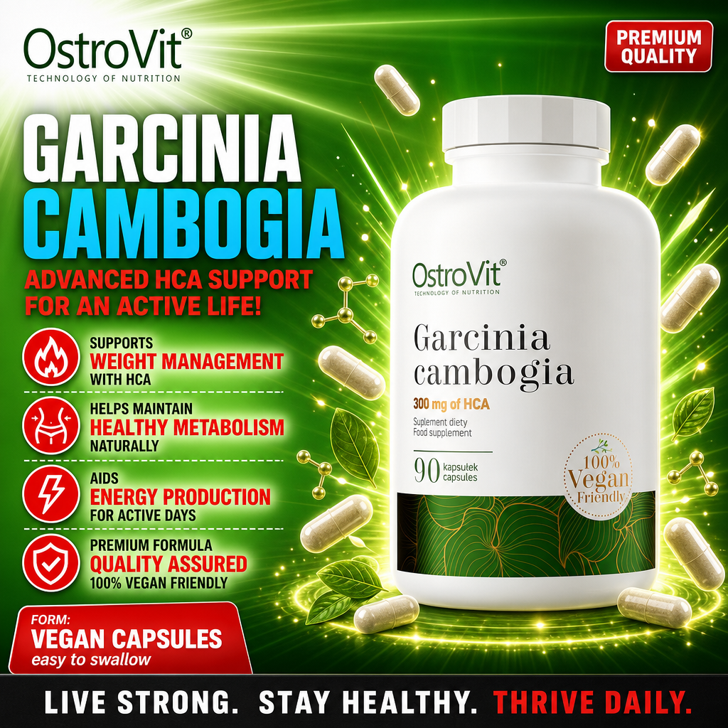 OstroVit Garcinia Cambogia 90 vegan capsules, a dietary supplement with 300 mg of HCA per capsule, designed for weight management and metabolism support, in a white and green bottle.