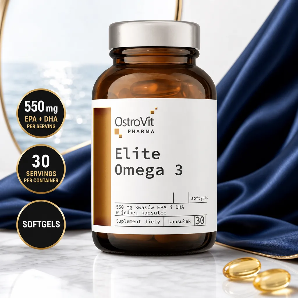 OstroVit Pharma Elite Omega 3 fish oil supplement with 550 mg EPA and DHA per serving, 30 softgel capsules in an amber bottle