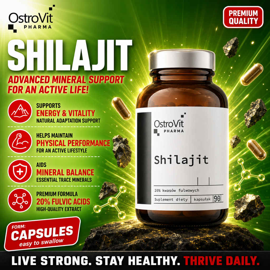 OstroVit Pharma Shilajit 90 Caps dietary supplement, featuring 20% fulvic acids, in capsule form for mineral support and vitality, brown bottle with white label.