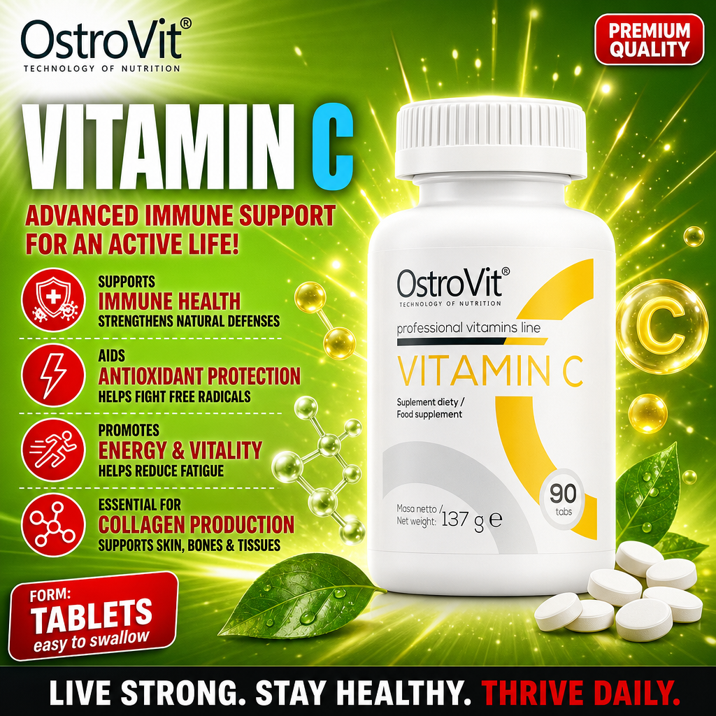 OstroVit Vitamin C 90 tabs dietary supplement, professional vitamins line, 1000mg vitamin C per tablet, supports immune health, antioxidant protection, and collagen production. White bottle with yellow accents and tablets shown, green background.