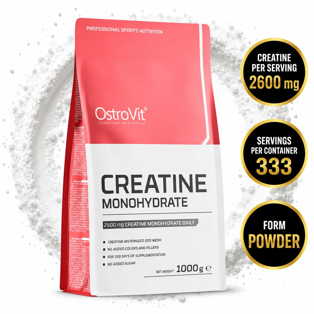 OstroVit Creatine Monohydrate 1000g powder supplement in a red and white pouch, with 333 servings and 2600mg creatine per serving