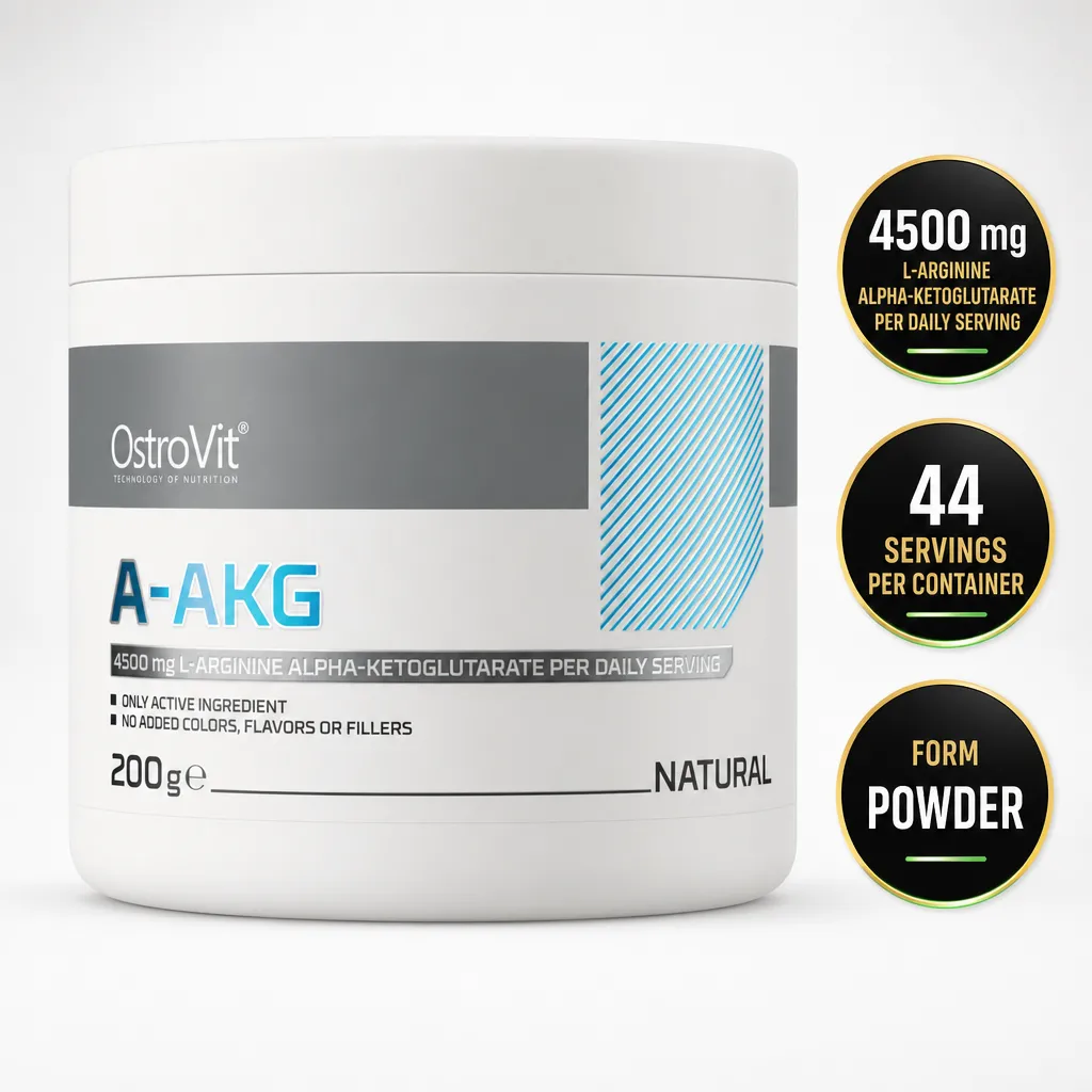 OstroVit AAKG 200g unflavoured powdered L-arginine alpha-ketoglutarate supplement in a white tub