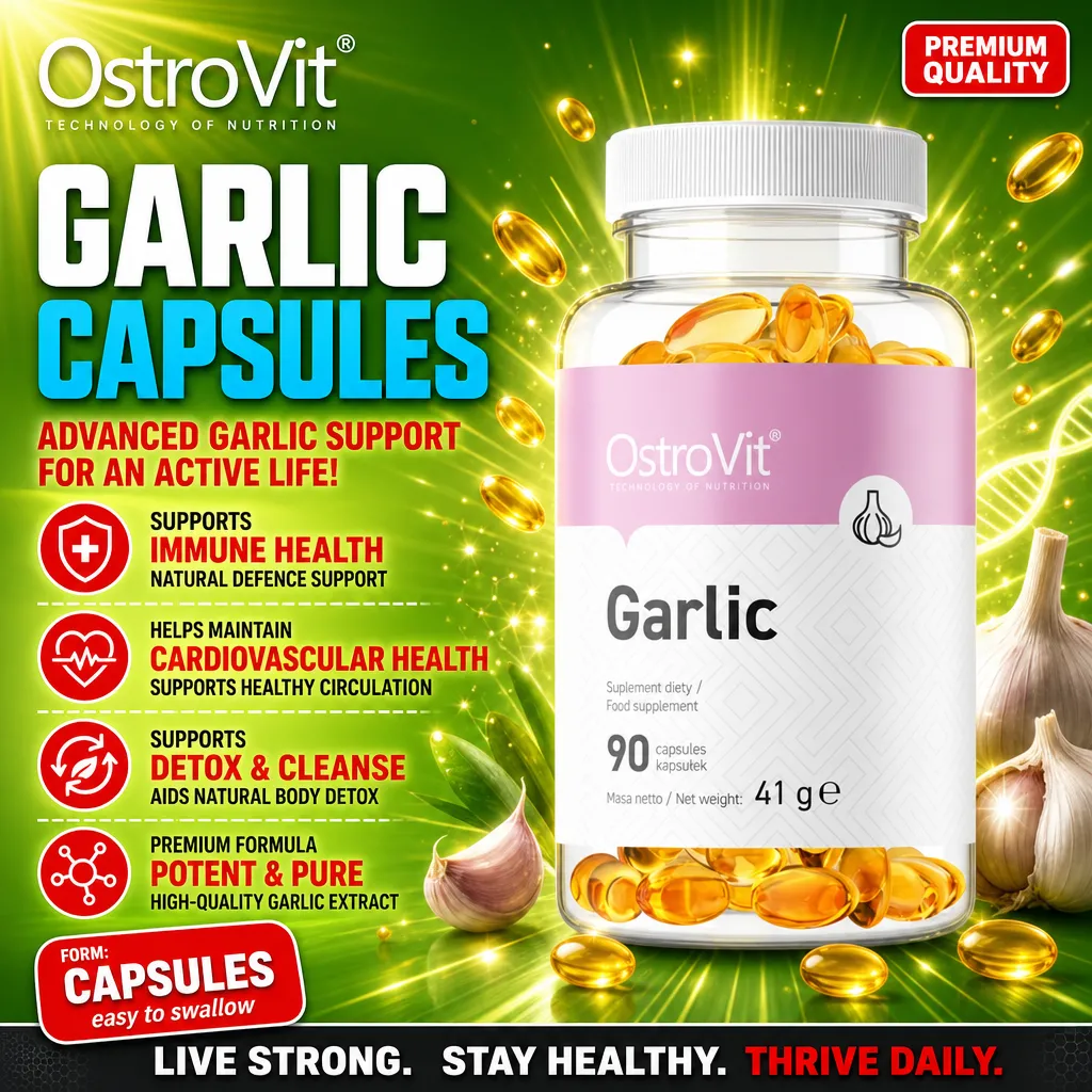 OstroVit Garlic 90 capsules dietary supplement, garlic extract in easy-to-swallow capsules, shown in a clear bottle with a pink and white label, 41g net weight.
