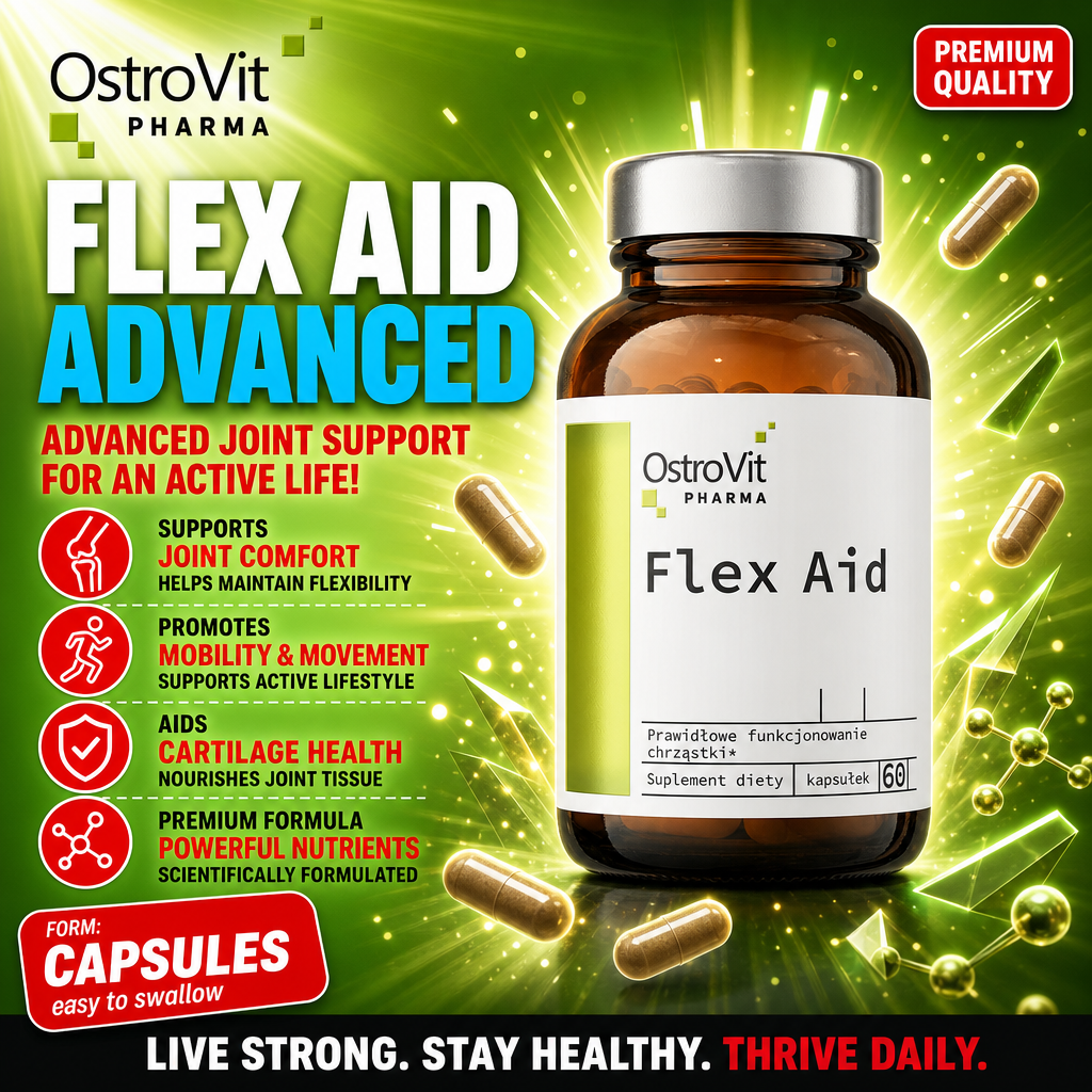 OstroVit Pharma Flex Aid 60 kapsułek joint support supplement in capsule form, designed to aid joint comfort, mobility, and cartilage health, in a brown bottle with a white and green label.