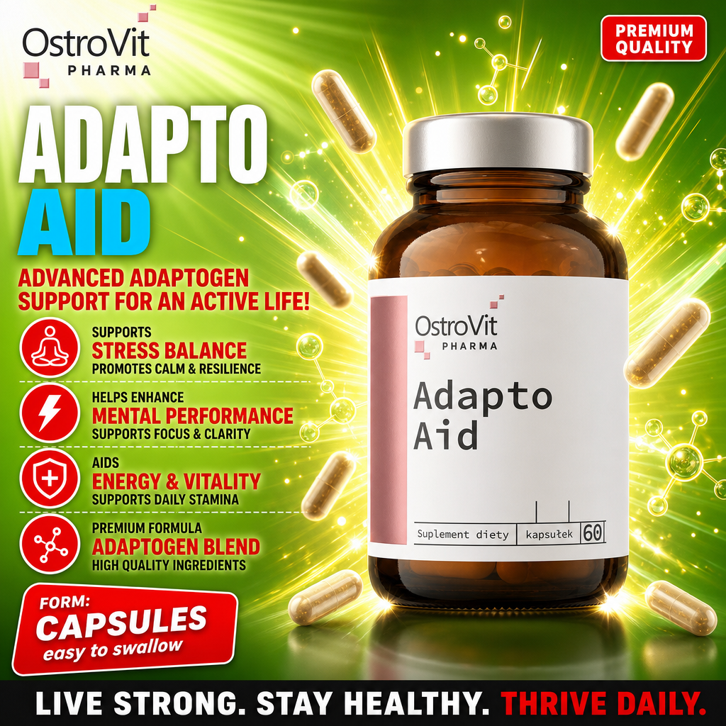 OstroVit Pharma Adapto Aid 60 kapsułek adaptogen supplement in capsule form, designed to support stress balance, mental performance, and daily vitality. Amber bottle with white label, green background.