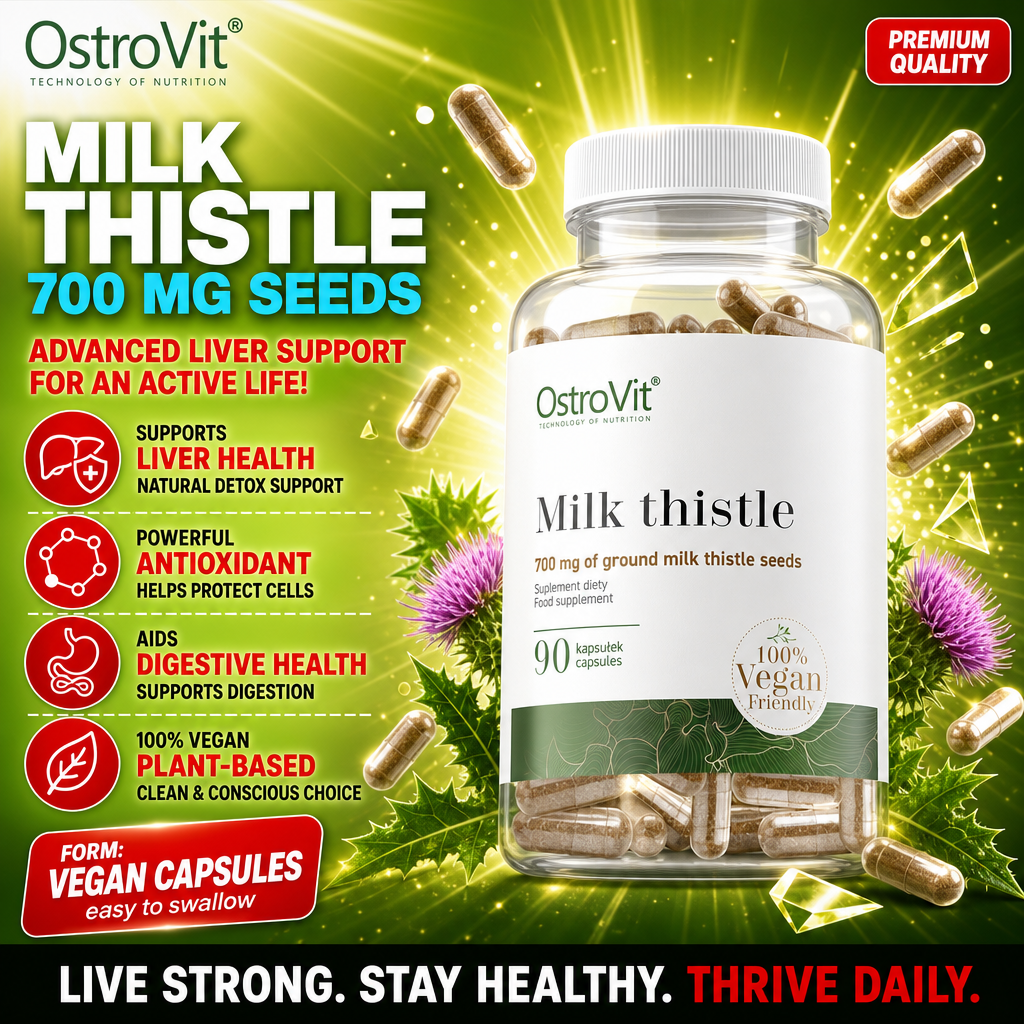 OstroVit Milk Thistle 700mg Seeds 90 vegan capsules, a plant-based dietary supplement supporting liver health, antioxidant protection, and digestive health, in a clear bottle with green and white label.