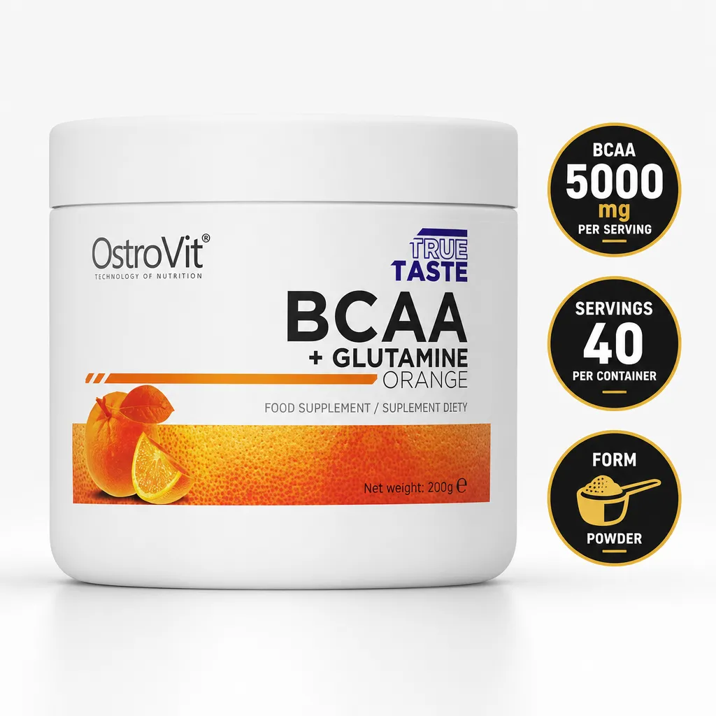 OstroVit BCAA + Glutamine orange-flavoured amino acid powder supplement in a 200 g container