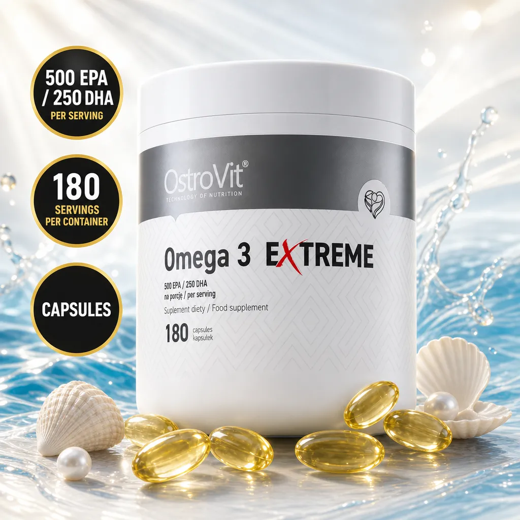 OstroVit Omega 3 Extreme fish oil supplement with 500 mg EPA, 250 mg DHA, and 180 softgel capsules