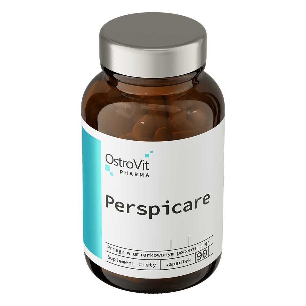 OstroVit Pharma Perspicare 90 kapsułek dietary supplement for sweat control in a brown glass bottle with a silver cap and minimalist white and turquoise label.