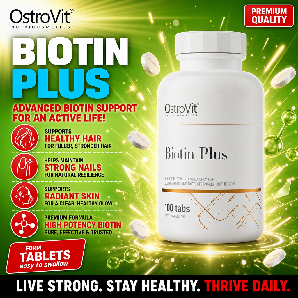 OstroVit Biotin Plus 100 tabs high potency biotin supplement for healthy hair, strong nails, and radiant skin, in tablet form with a white bottle and green background.