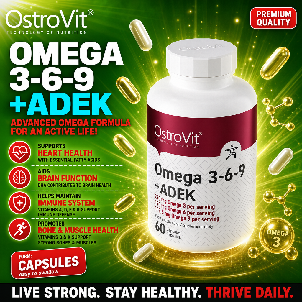 OstroVit Omega 3-6-9 + ADEK 60 capsules dietary supplement with essential fatty acids and vitamins A, D, E, K, supporting heart, brain, immune, bone and muscle health.