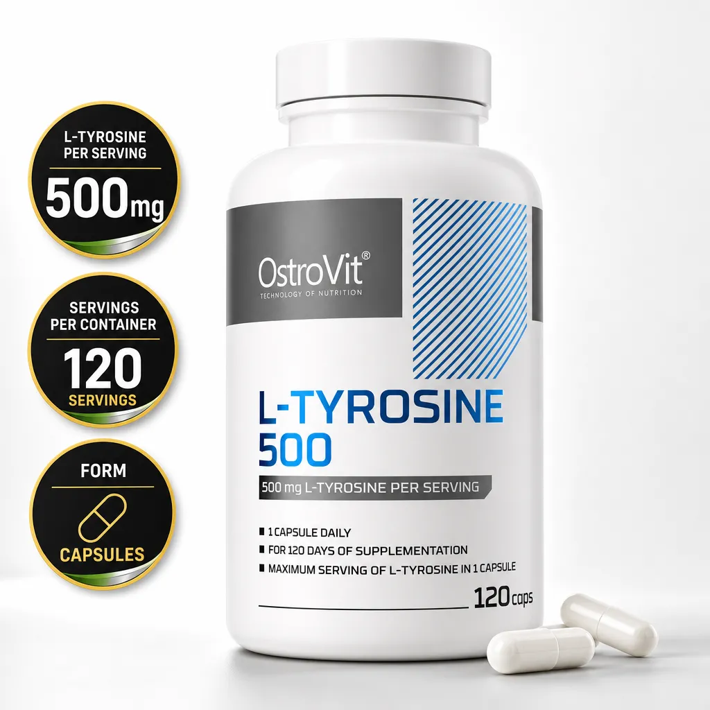 OstroVit L-Tyrosine 500 dietary supplement in capsule form, 500 mg per serving and 120 capsules in a white bottle