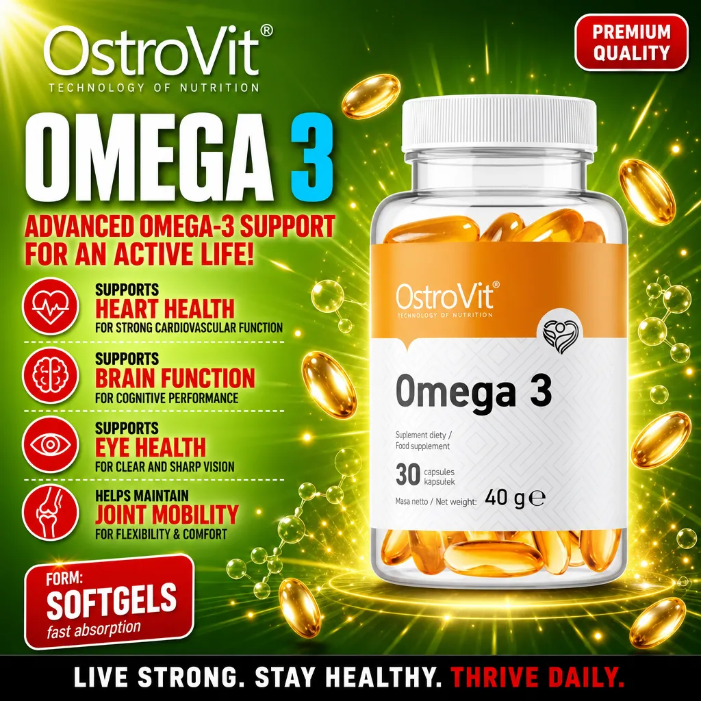 OstroVit Omega 3 30 capsules softgel dietary supplement for heart, brain, and eye health, shown in a clear bottle with orange and white label, 40g net weight.