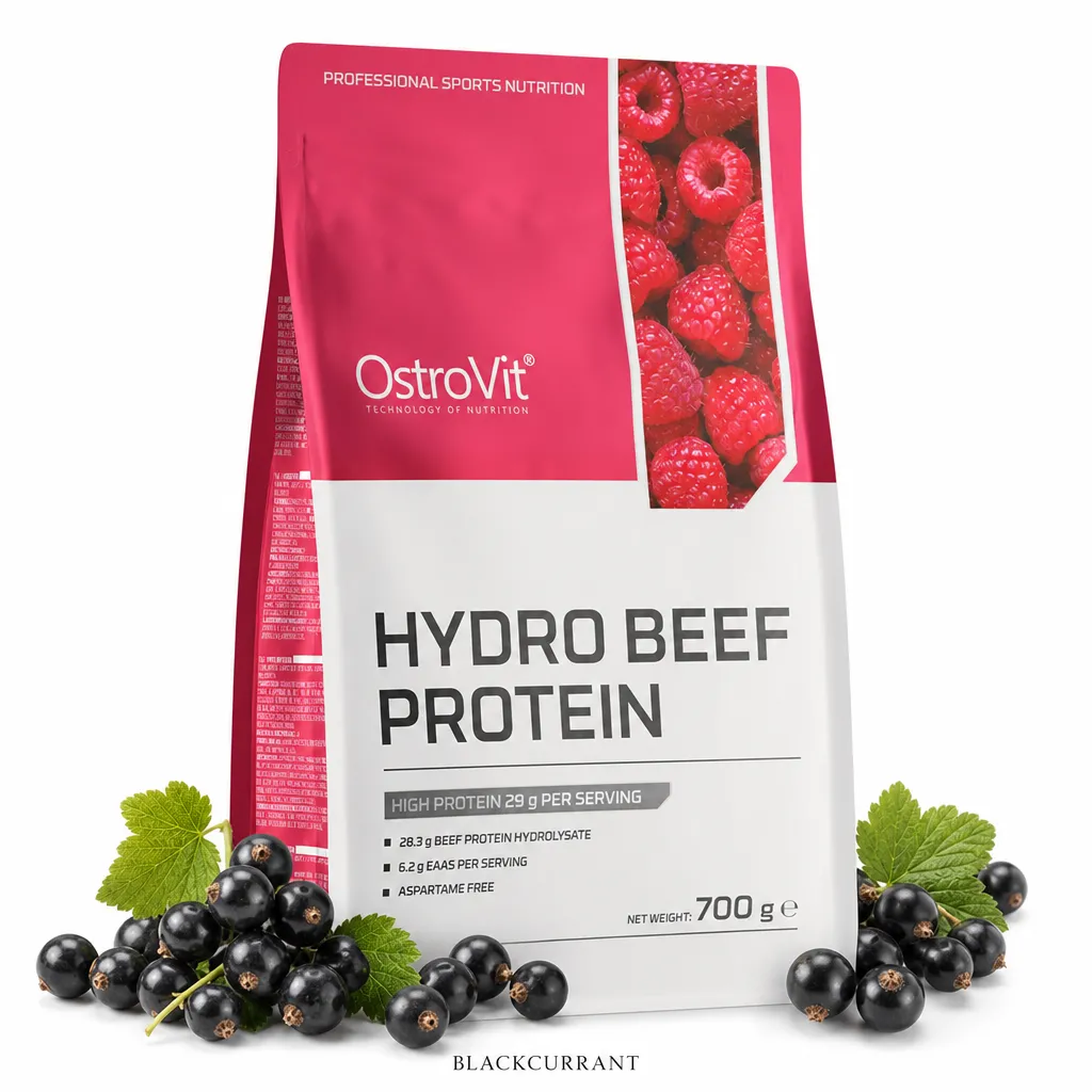 OstroVit Hydro Beef Protein 700g blackcurrant flavor powder, a lactose-free beef protein hydrolysate supplement for muscle growth and recovery, in a resealable pouch.