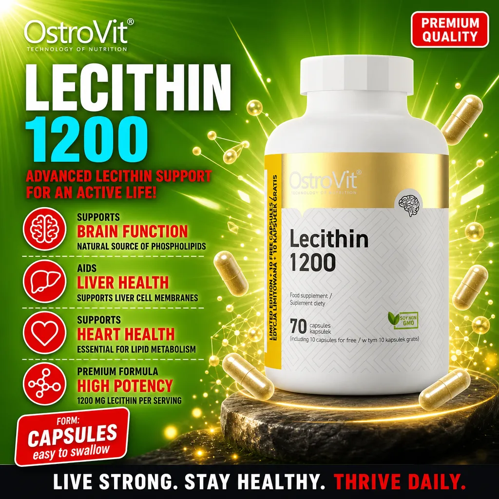 OstroVit Lecithin 1200 capsules, a soy non-GMO food supplement for brain, liver, and heart health, 70 capsule bottle with high potency 1200mg per serving, green and gold packaging.