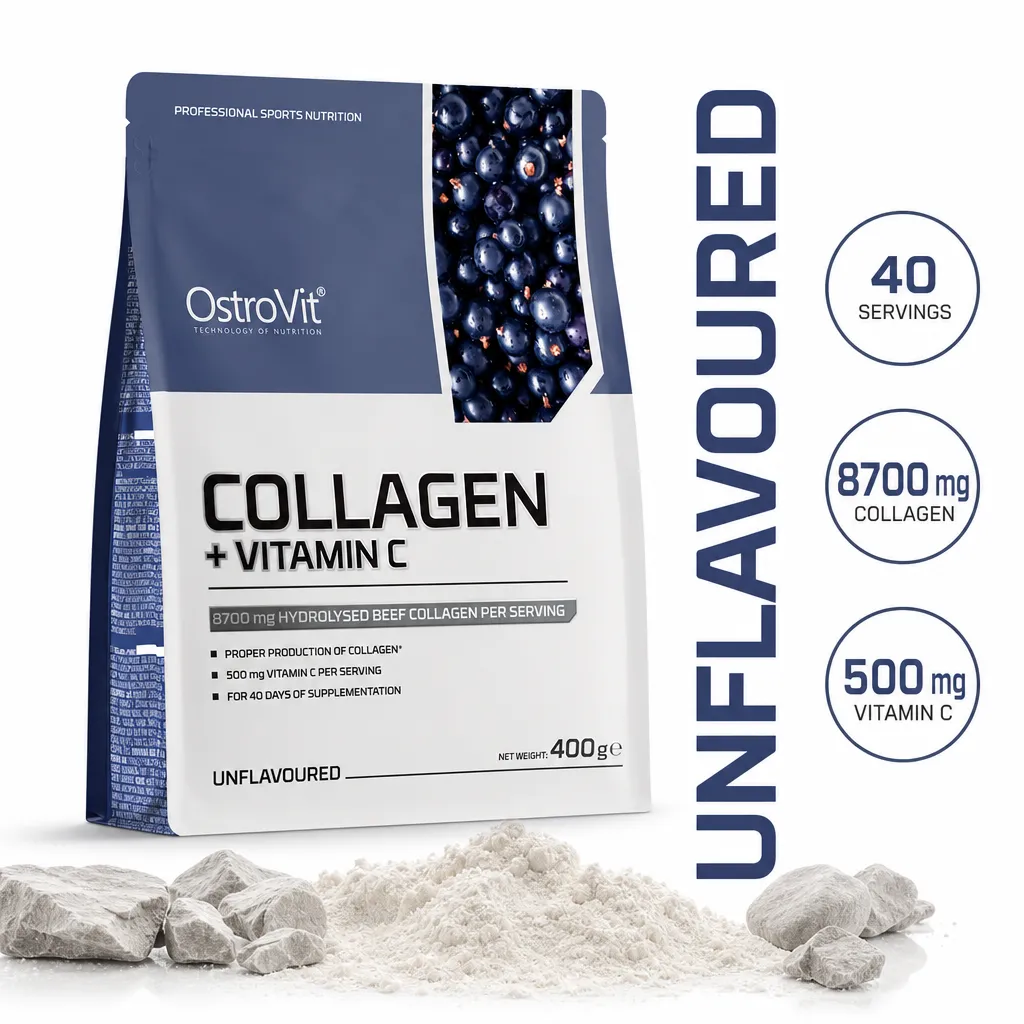 OstroVit Collagen + Vitamin C 400g unflavoured hydrolysed beef collagen powder supplement in a white and navy pouch