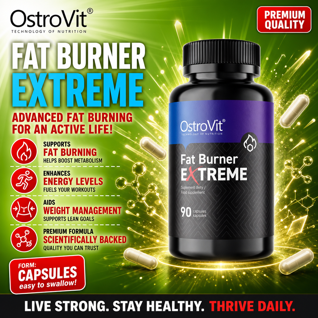 OstroVit Fat Burner Extreme 90 capsules dietary supplement for fat burning, energy, and weight management, in capsule form with a black and purple bottle.