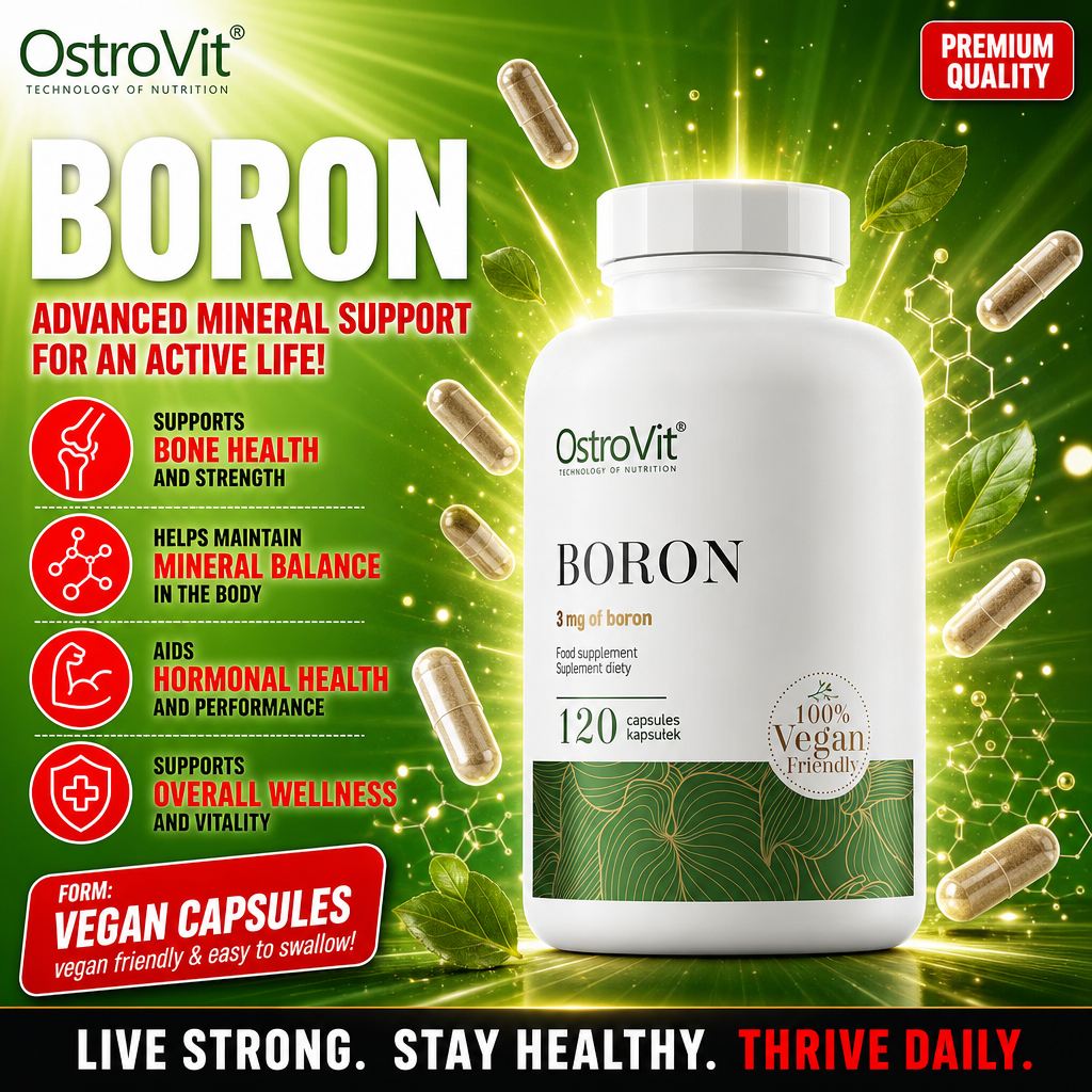 OstroVit Boron 120 vegan capsules, a dietary supplement containing 3 mg of boron per capsule, designed to support bone health, mineral balance, hormonal health, and overall wellness. The packaging is predominantly white with green accents and labeled as 1