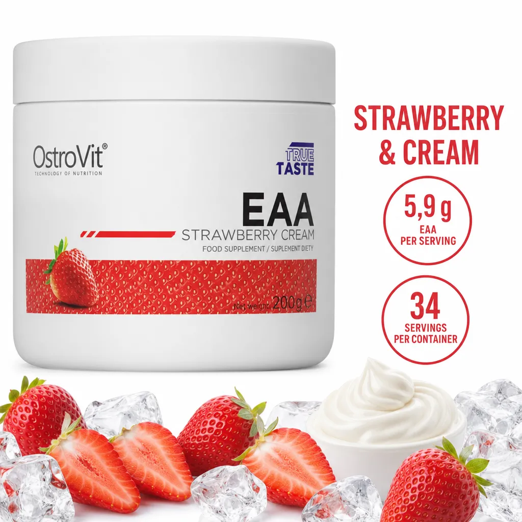 OstroVit EAA 200g strawberry cream essential amino acid powder supplement in a white tub