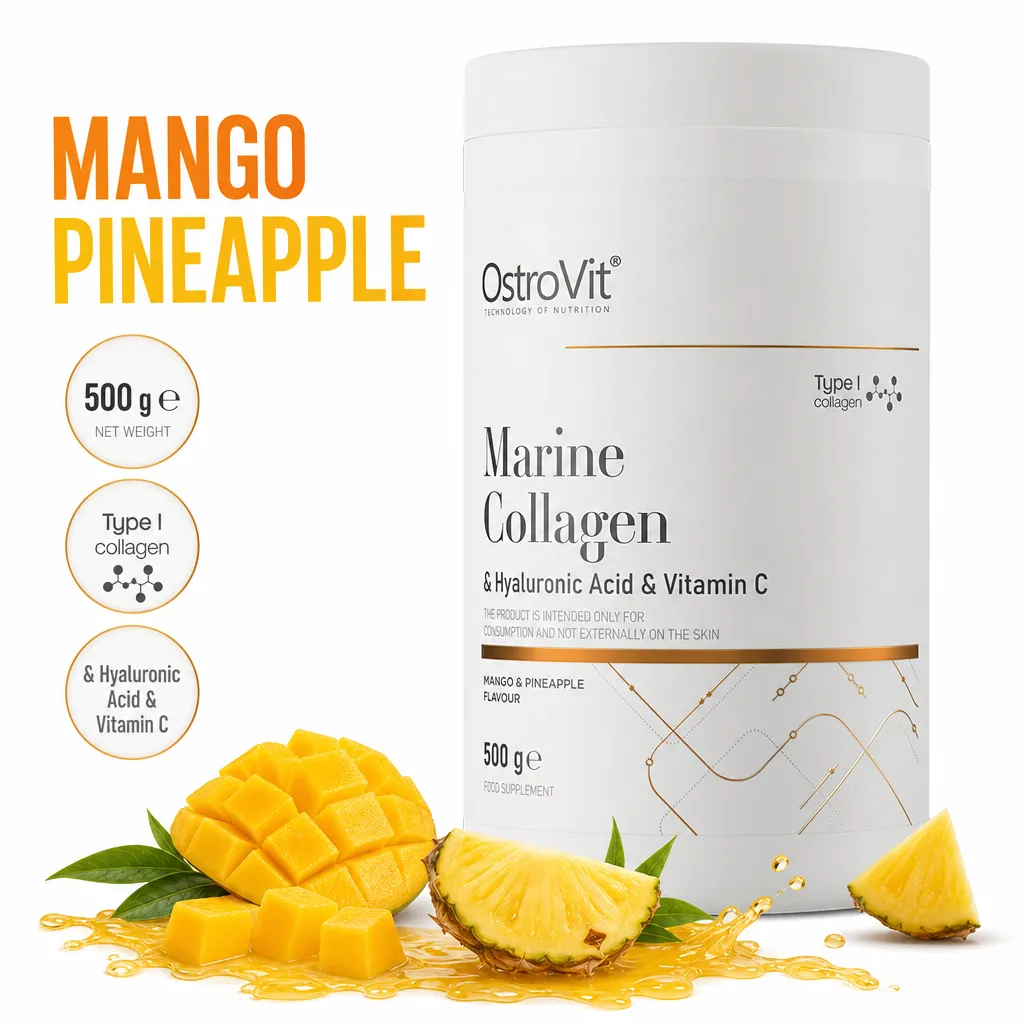 OstroVit Marine Collagen powder supplement, mango and pineapple flavour, with hyaluronic acid and vitamin C, 500g tub