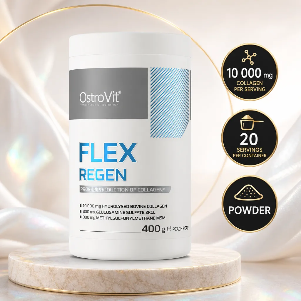 OstroVit Flex Regen 400g joint support powder with 10,000 mg collagen per serving, 20 servings, and peach-pear flavour