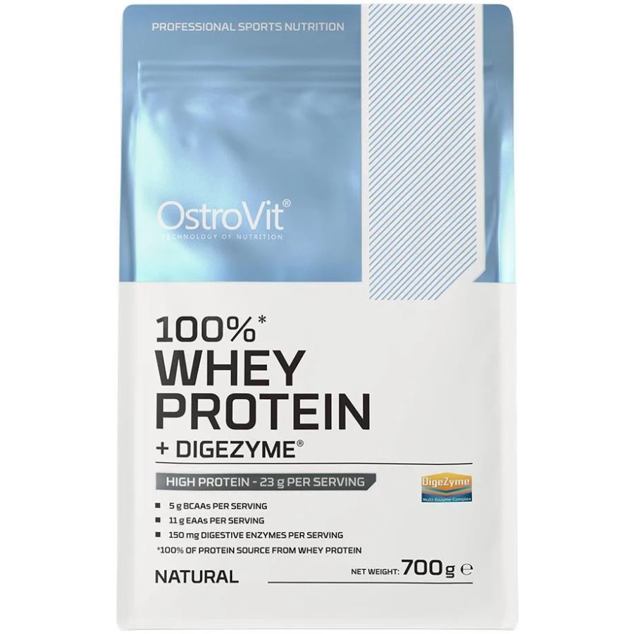 OstroVit 100% Whey Protein + Digezyme 700g Unflavoured in a white OstroVit Nutrition pouch with product details on the label