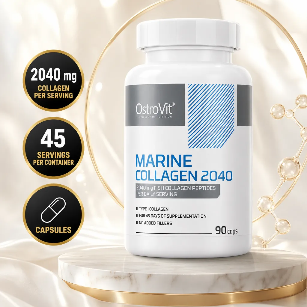 OstroVit Marine Collagen 2040 supplement in white capsule bottle, 90 capsules with 2040 mg fish collagen peptides per serving