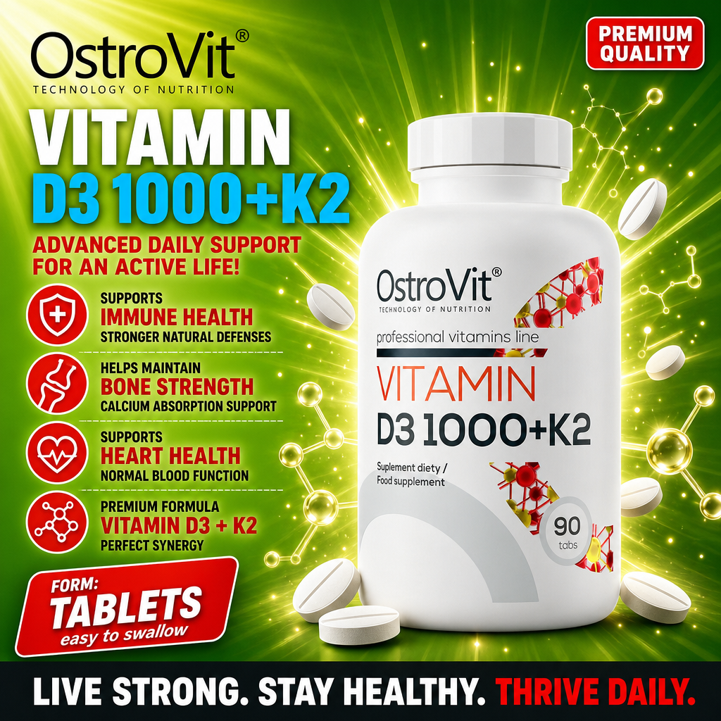 OstroVit Vitamin D3 1000+K2 supplement, 90 tablets, formulated for immune, bone, and heart health support, premium quality, in a white bottle with green background.