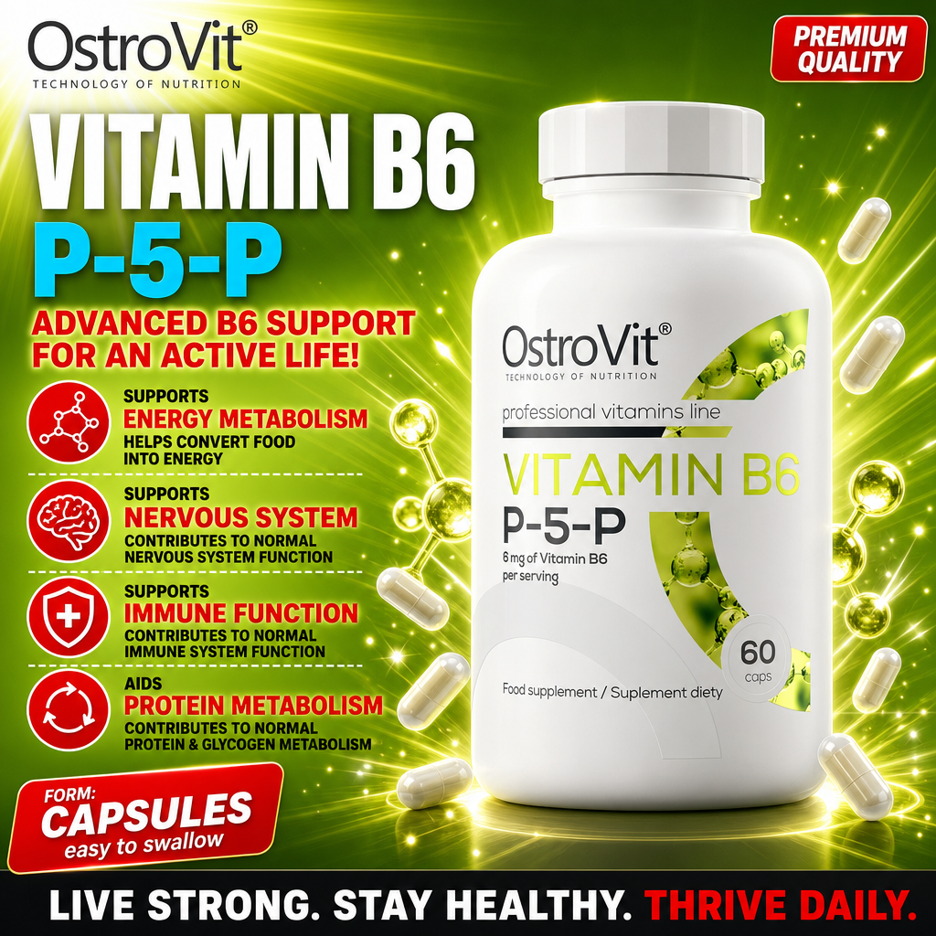 OstroVit Vitamin B6 P-5-P 60 caps dietary supplement, featuring 6 mg of vitamin B6 per serving in capsule form, designed to support energy metabolism, nervous system, immune function, and protein metabolism. The packaging is predominantly white with green