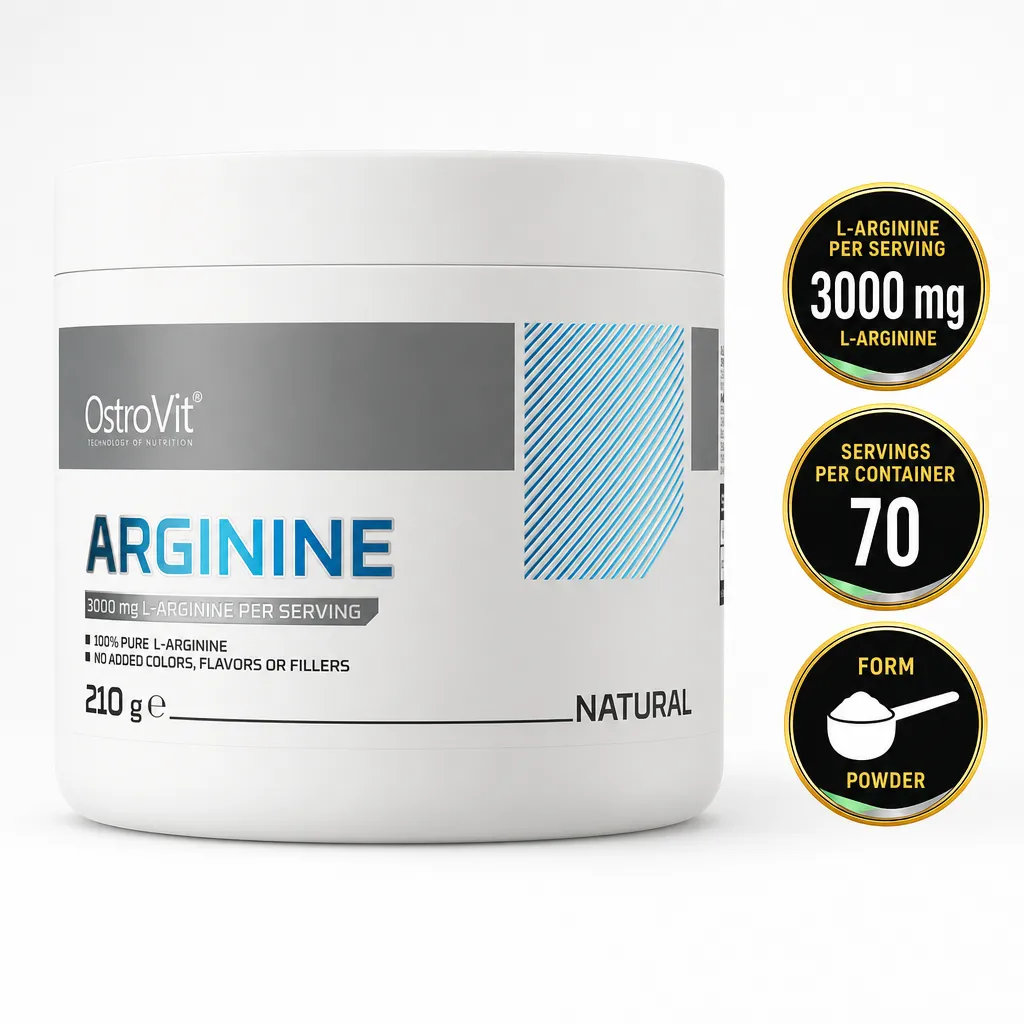 OstroVit Arginine 210g unflavoured L-arginine powder supplement in a white tub, providing 3000 mg per serving