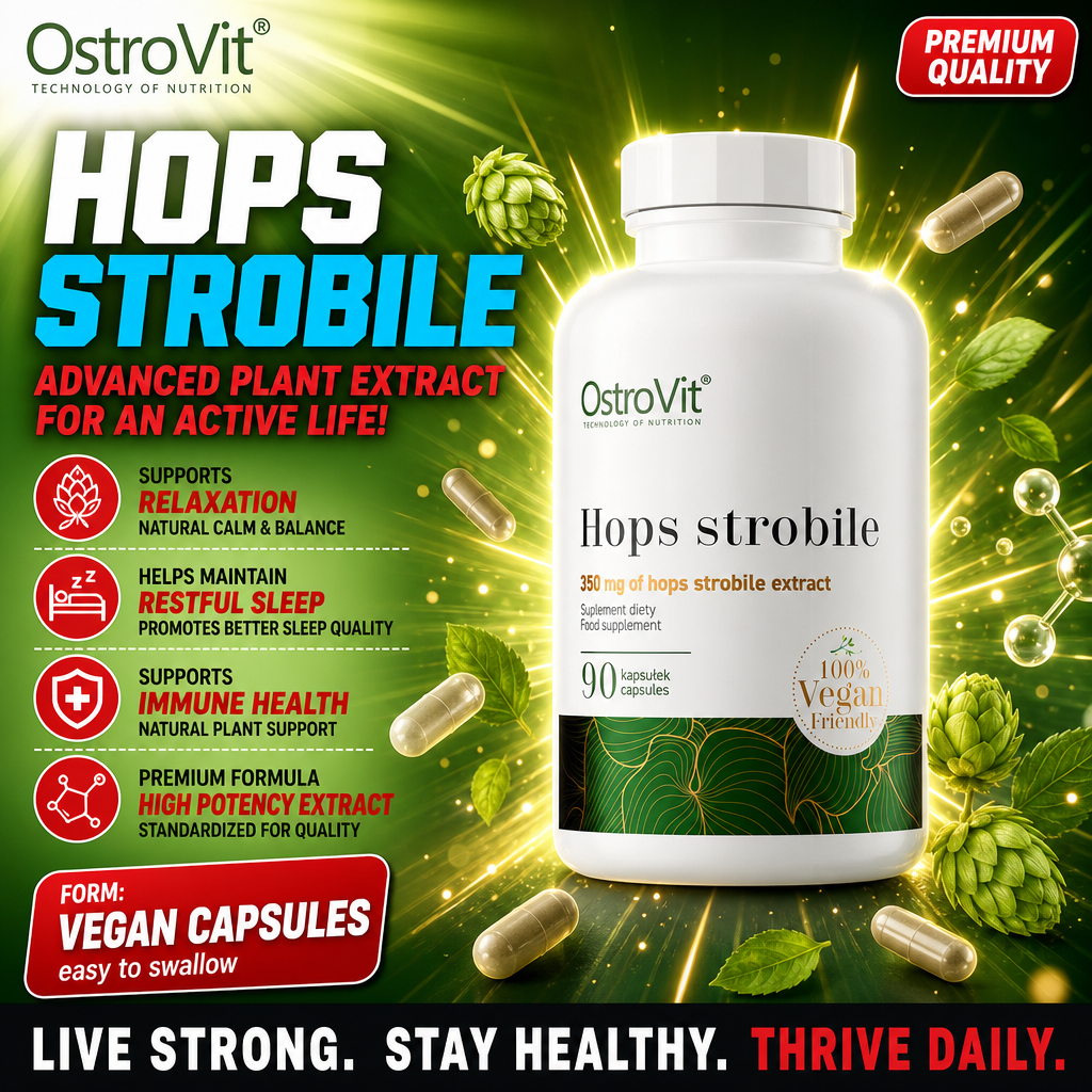 OstroVit Hops Strobile 90 vegan capsules, a dietary supplement with 350 mg hops strobile extract per capsule, supporting relaxation, restful sleep, and immune health. White bottle with green and gold accents.