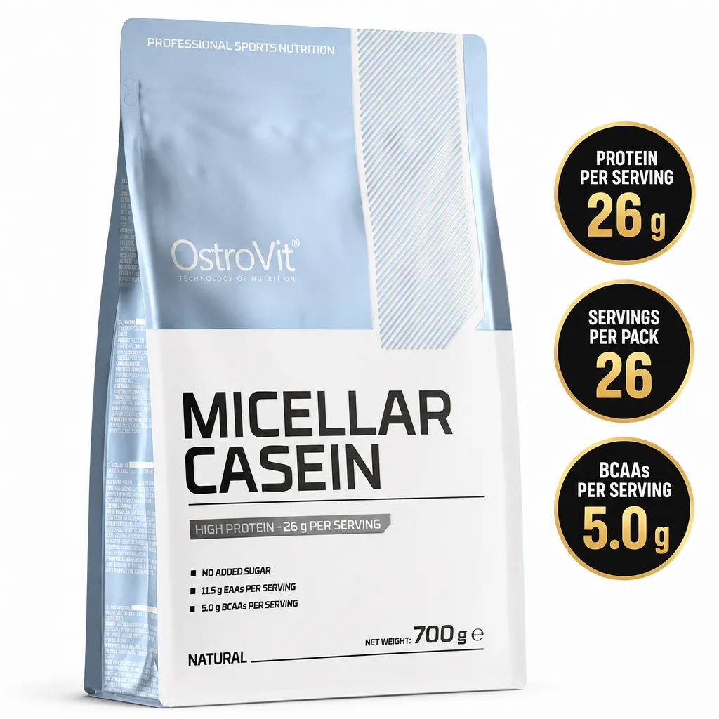 OstroVit Micellar Casein 700g natural-flavour slow-release protein powder in a blue and white pouch.