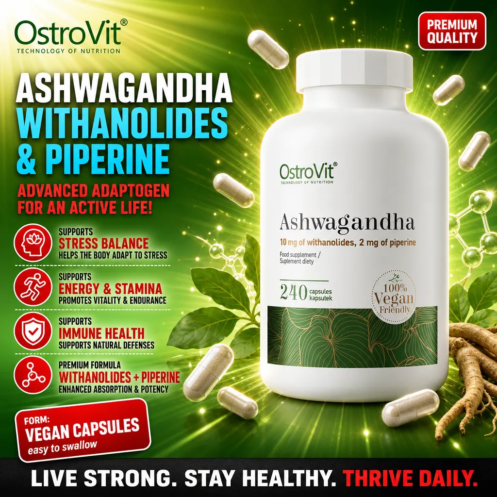 OstroVit Ashwagandha 240 vegan capsules supplement with withanolides and piperine, designed to support stress balance, energy, stamina, and immune health. 100% vegan friendly.