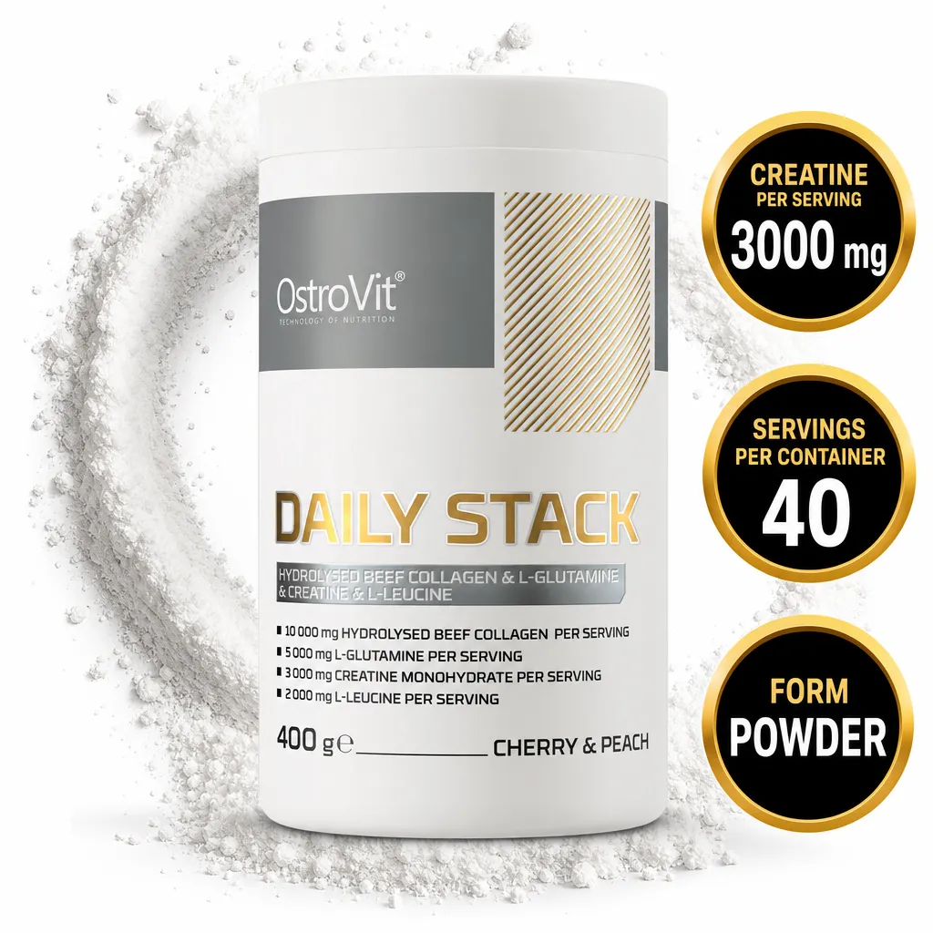 OstroVit Daily Stack 400g powder supplement with cherry and peach flavour, hydrolysed beef collagen, creatine, L-glutamine and L-leucine
