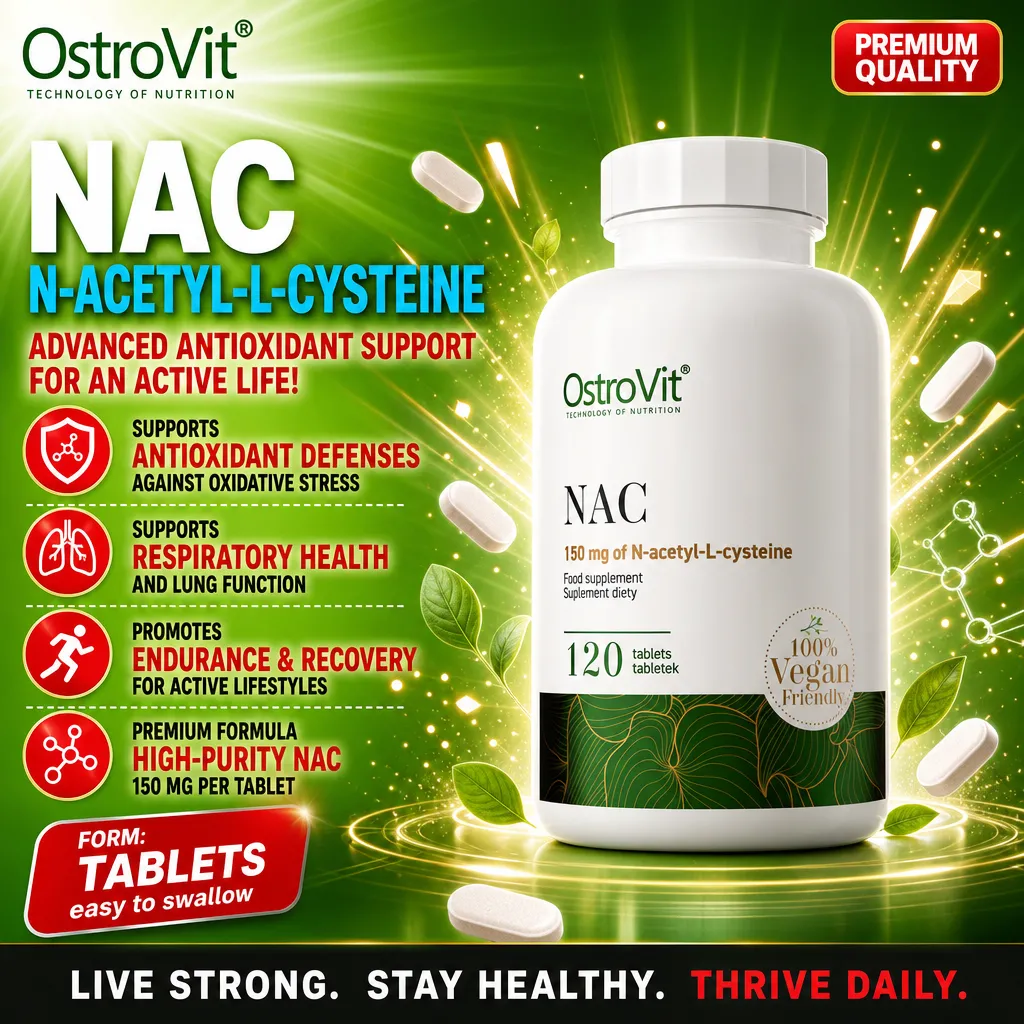 OstroVit NAC 150mg 120 tablets vegan-friendly antioxidant supplement with N-acetyl-L-cysteine, designed to support antioxidant defenses, respiratory health, and endurance.