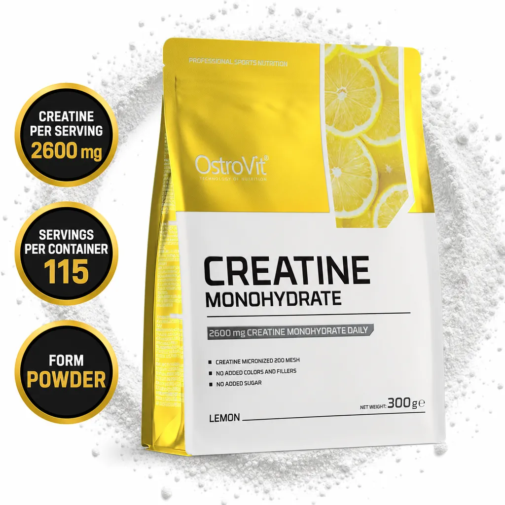 OstroVit Creatine Monohydrate 300g lemon-flavoured creatine powder in a yellow and white pouch
