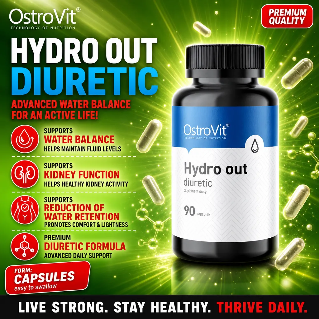 OstroVit Hydro Out Diuretic 90 capsules, a dietary supplement designed to support water balance, kidney function, and reduction of water retention, in capsule form with a black and blue bottle.