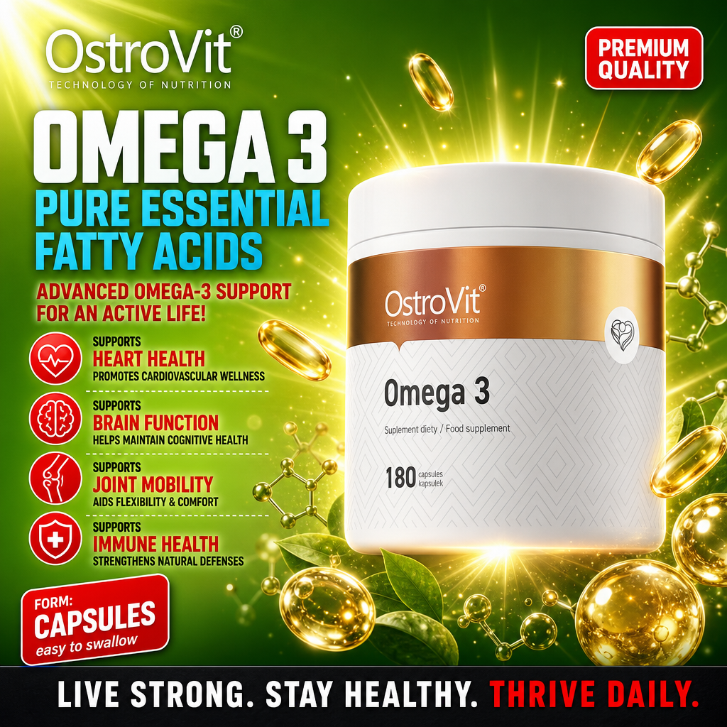 OstroVit Omega 3 180 capsules pure essential fatty acids supplement, supports heart, brain, joint, and immune health, in capsule form with a green and gold design.